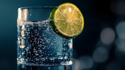 A close up photograph of a glass filled with sparkling water featuring a fresh slice of lime floating in the transparent liquid  The image has a clean simple and elegant composition