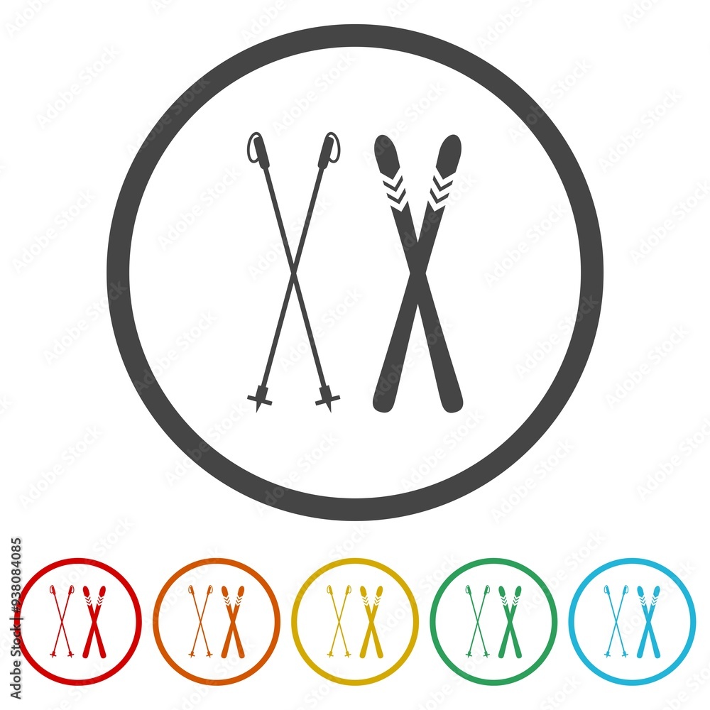 Poster skis icon. set icons in color circle buttons
