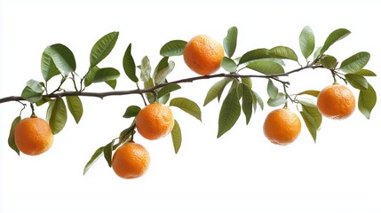 A branch of a citrus tree with five ripe oranges hanging from it against a white background.
