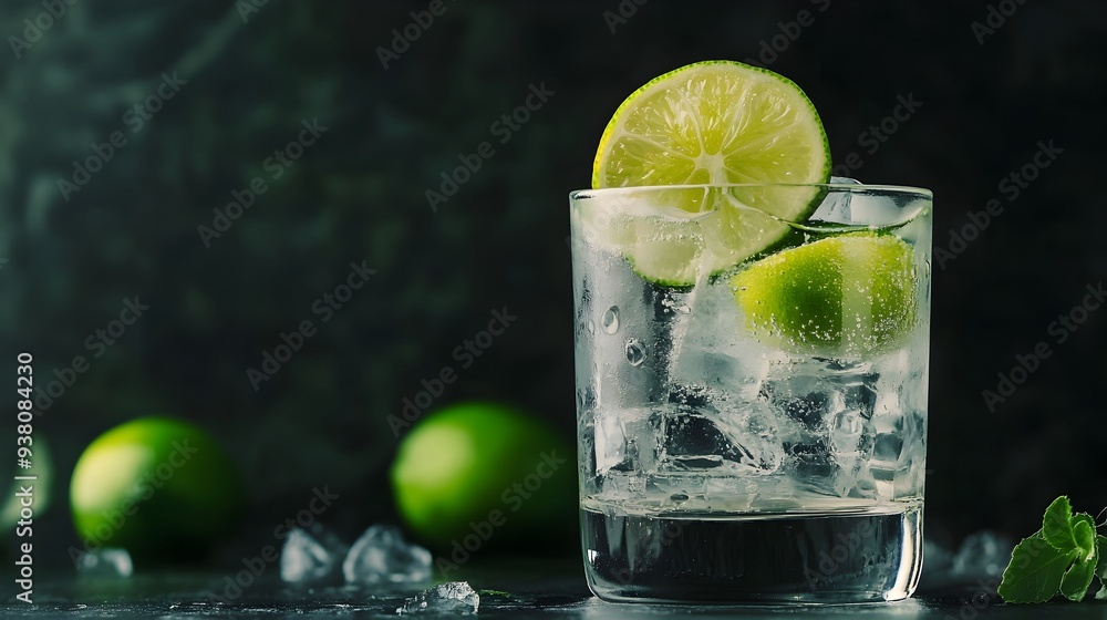 Poster refreshing classic gin and tonic cocktail with a fresh lime garnish served on a wooden table surface