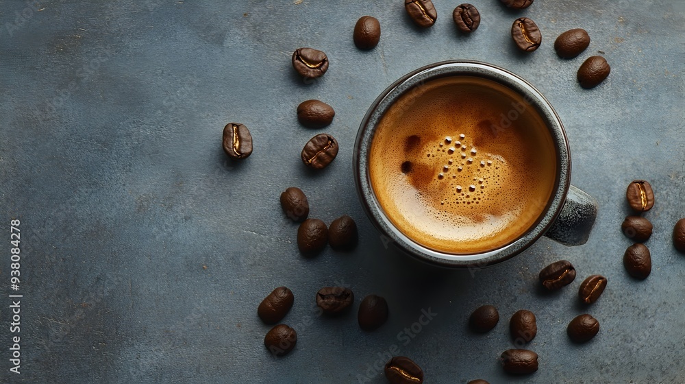 Poster a closeup photograph of a freshly brewed cup of aromatic espresso with scattered roasted coffee bean