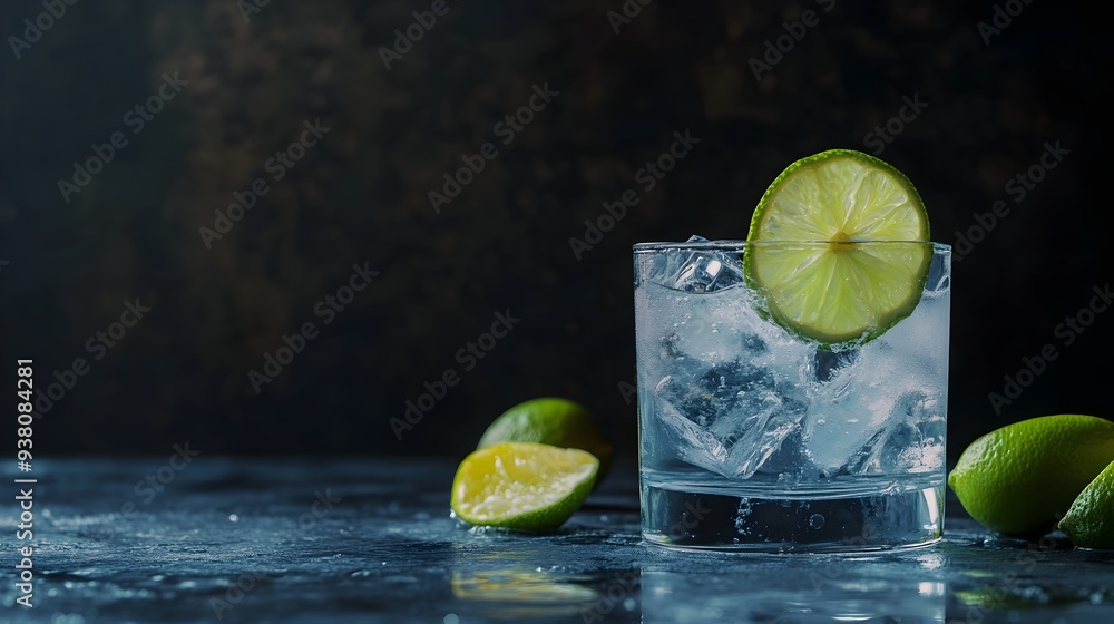 Poster a classic gin and tonic cocktail served in a glass with a fresh lime garnish placed on a table creat