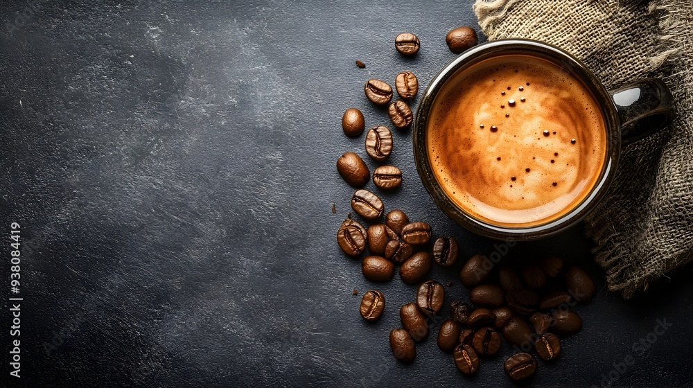Poster captivating espresso cup with scattered coffee beans artfully arranged on a minimalist background cr