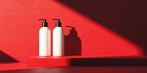 Fototapeta premium Two White Bottles on a Red Shelf
