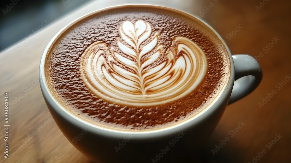 Poster a close up photograph of a beautifully crafted cappuccino with intricate latte art swirls and patter