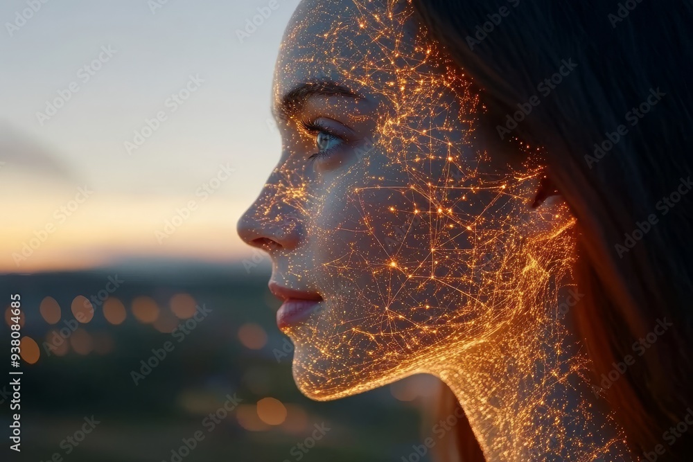 Poster profile of a woman with a glowing neural network overlay symbolizing the integration of technology i
