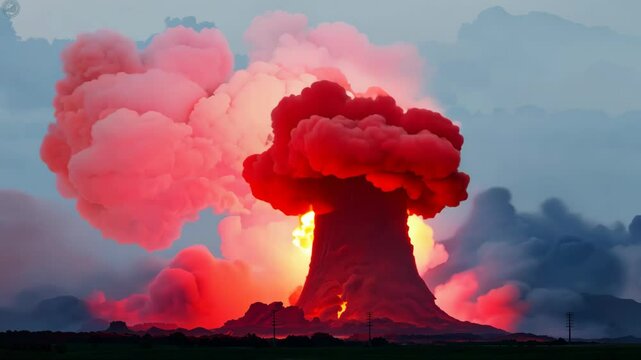 Dramatic volcanic eruption releases massive ash cloud over remote landscape at dusk