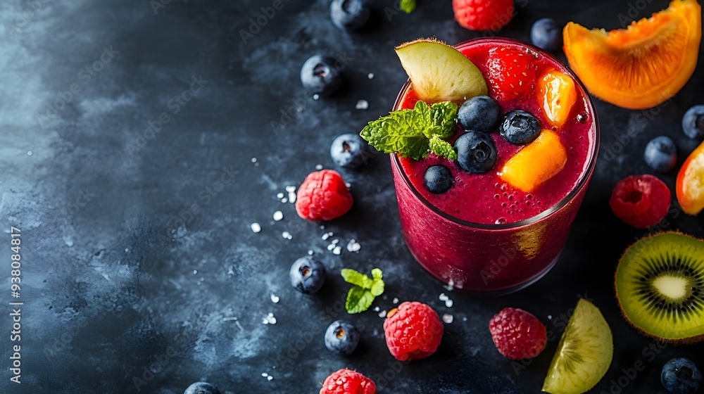 Aufkleber a close up photograph of a vibrant fruit smoothie blended with an array of fresh colorful fruits and