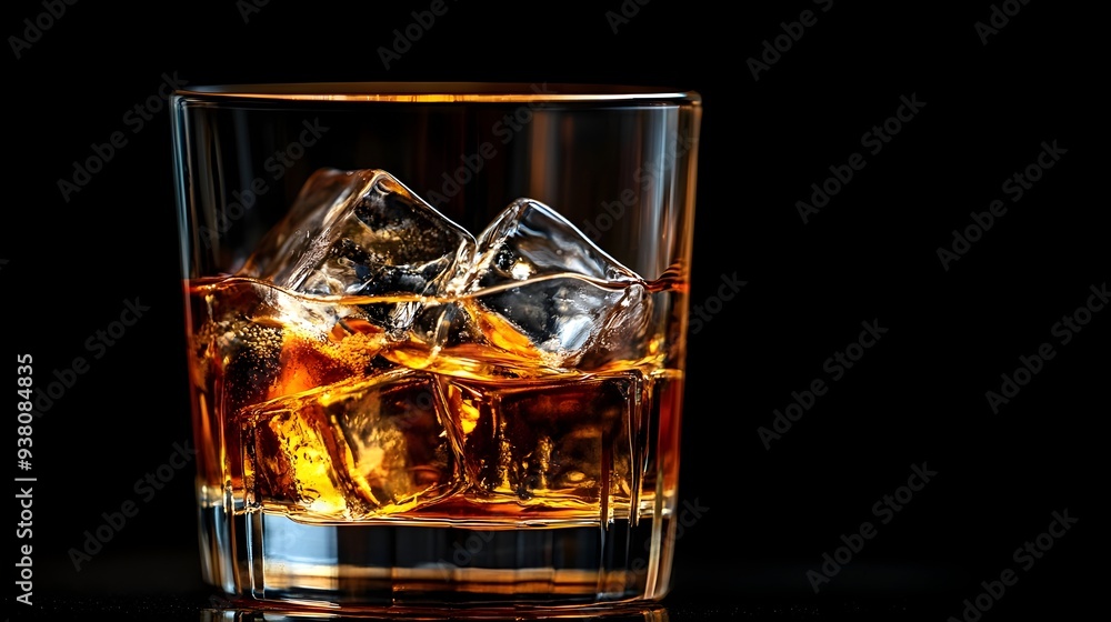 Poster close up photograph showcasing a whiskey glass filled with ice cubes creating a swirling chilled and