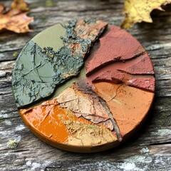 Colorful circular art piece made with textured materials in earthy tones on a rustic wooden surface during autumn