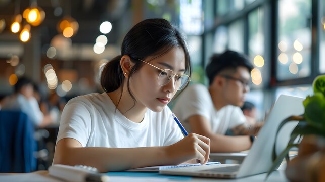 Busy smart young asian girl student marketing smm manager social media worker freelancer intern businesswoman working remote distant studding in office desk in coworking space. College education