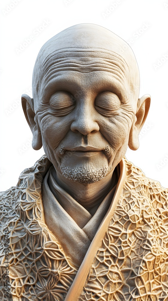 Poster 19. **a 3d render of a ceramic art portrait featuring a serene monk with elaborate tile patterns, is