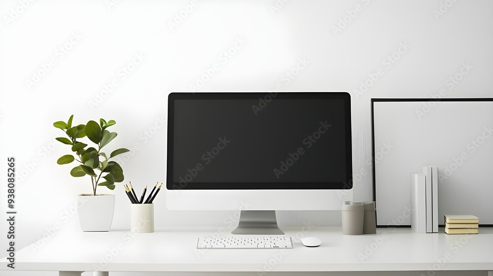 Poster on a white background a minimalist and modern workspace setup.