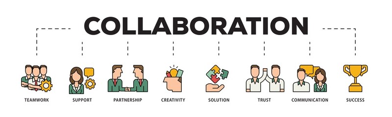 Collaboration icon infographic illustration concept with icon of teamwork, support, partnership, creativity, solution, trust, communication, success icon png and easy to edit 