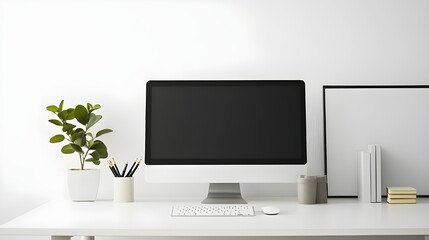 Fototapeta premium On a white background a minimalist and modern workspace setup.