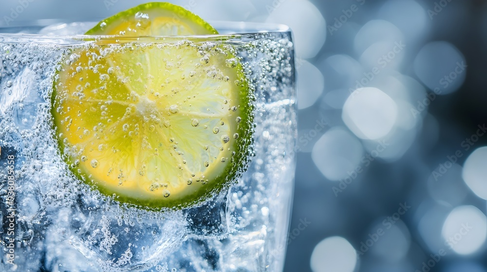 Poster closeup of a refreshing gin and tonic cocktail with a lime wedge floating in the bubbly transparent 