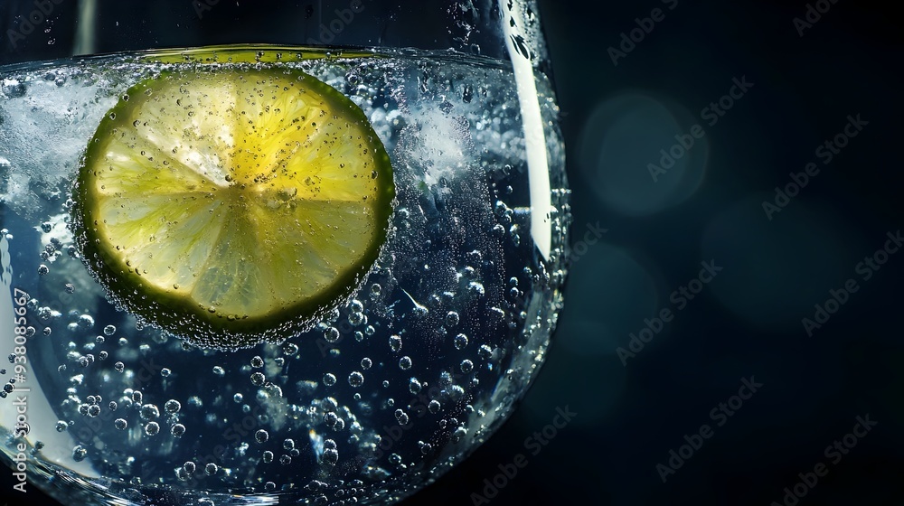 Poster close up photograph showcasing a refreshing gin and tonic cocktail with a vibrant lime slice floatin