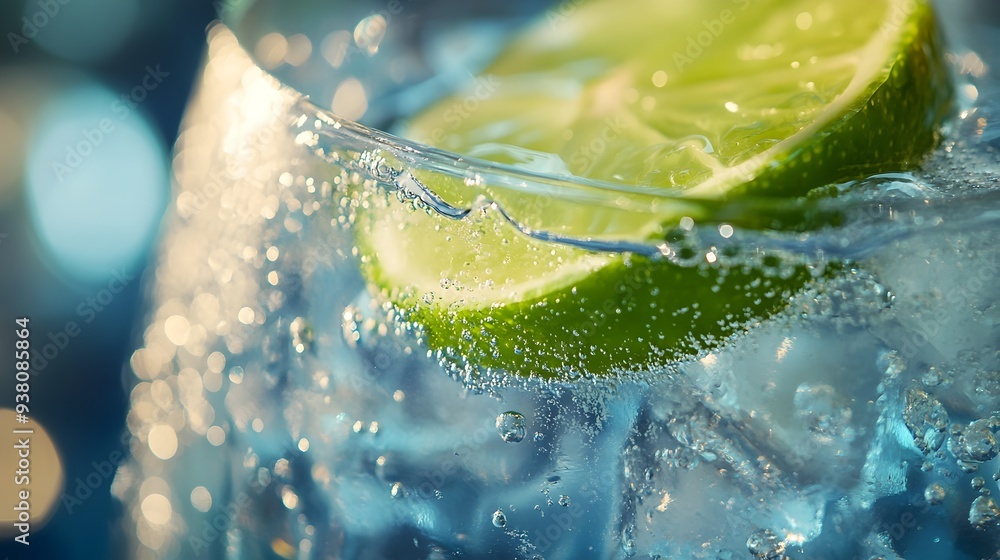 Poster a close up photograph showcasing a perfectly crafted gin and tonic with a vibrant lime slice floatin