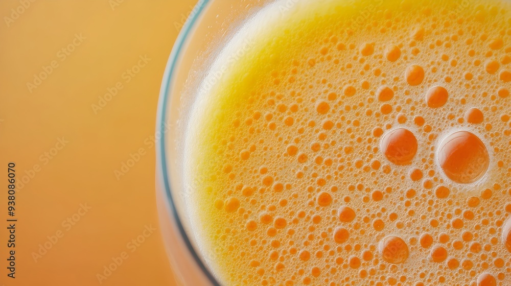 Poster closeup of a refreshing glass of freshly squeezed orange juice with visible pulp against a bright an