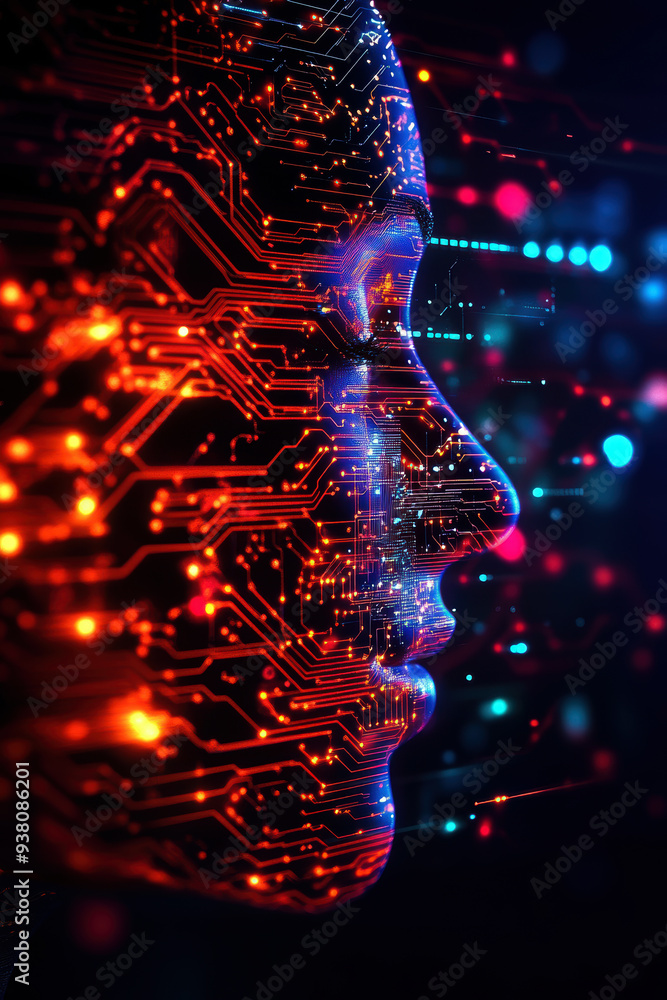 Poster a mesmerizing profile of a face intertwined with vibrant circuit patterns and glowing lights, symbol