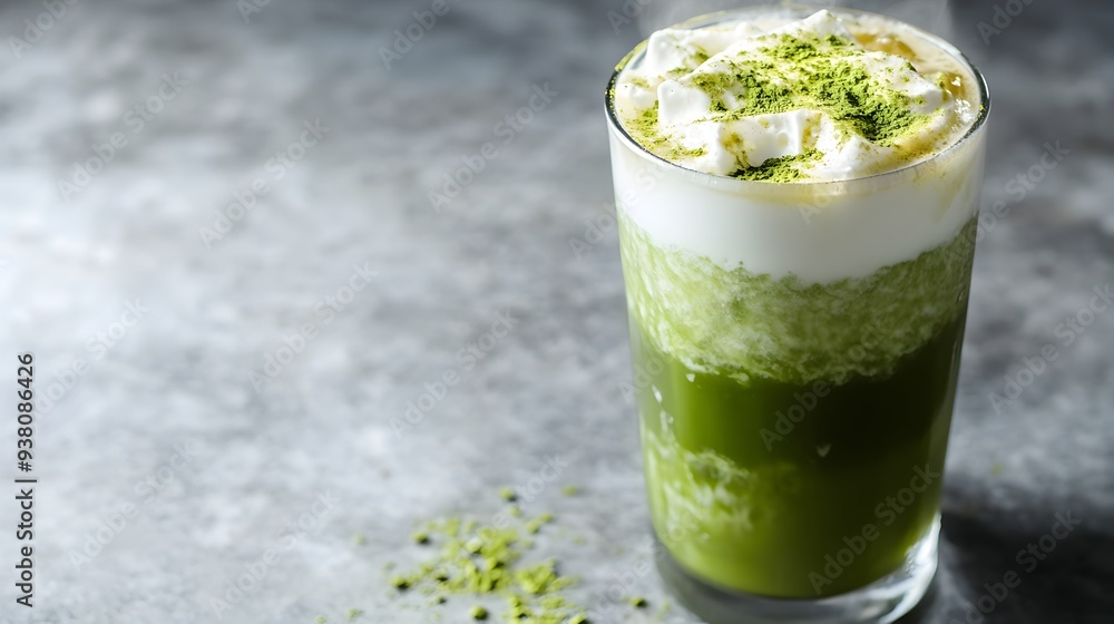 Poster close up photograph of a chilled creamy iced matcha tea beverage with a smooth frothy foam topping c