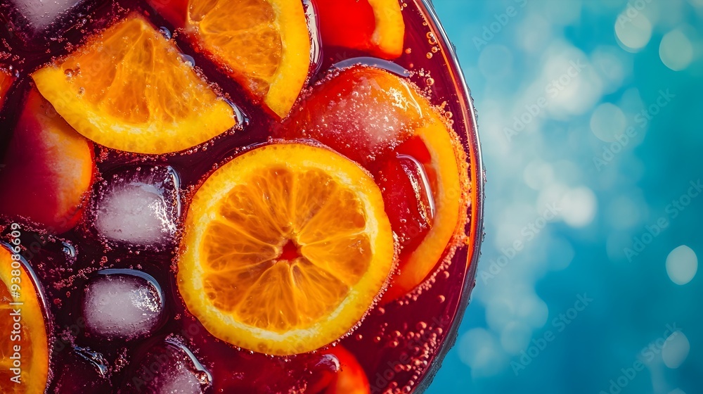 Poster close up photograph of a vibrant sangria cocktail with visible slices of citrus fruit and red wine o