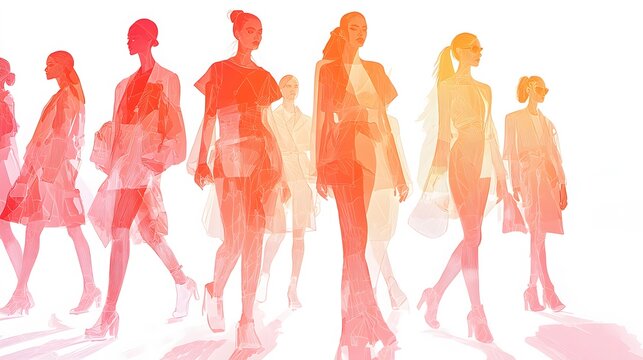 fashion models walking runway, orange gradient style clip art preview