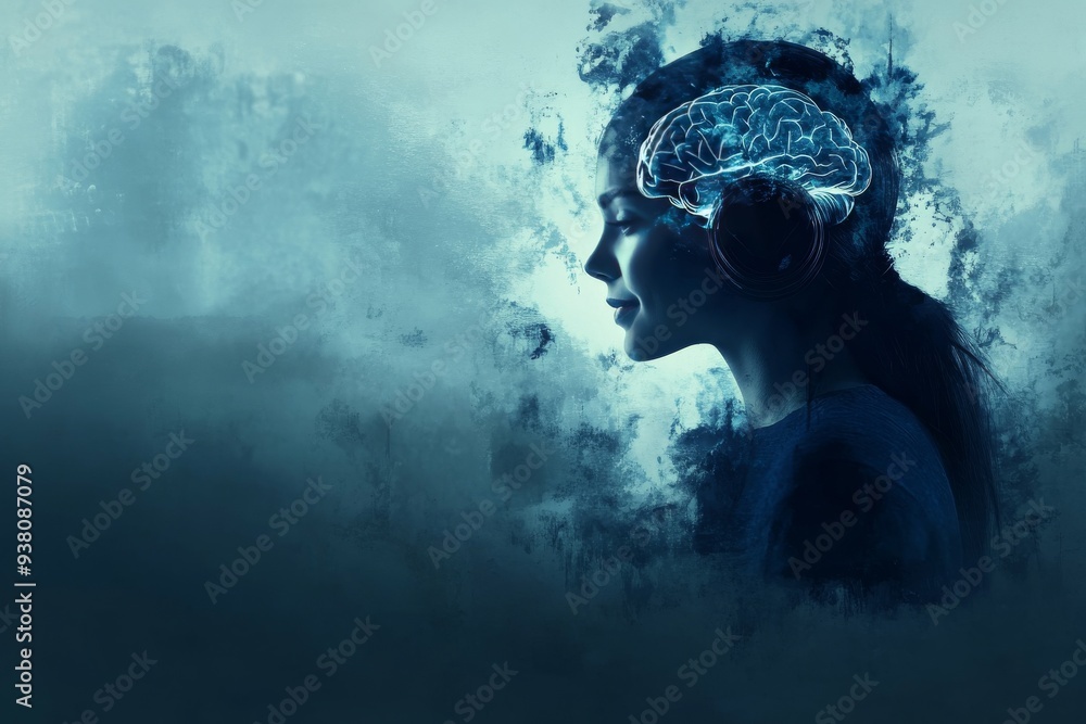 Aufkleber silhouette of a person in a misty environment with a digital brain overlay representing the concept 