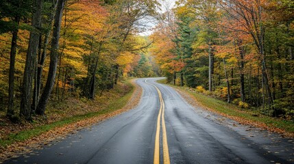 Fototapeta premium A winding road through a forest with autumn leaves on the trees and the ground.