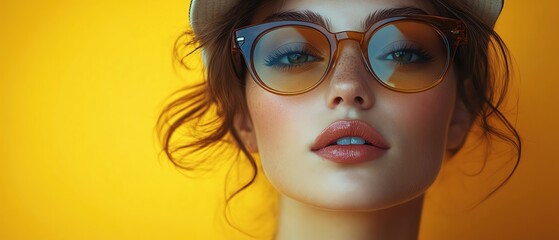 Fototapeta premium Cool chick wearing sunglasses and a cap, standing against a vibrant yellow background, looking stylish