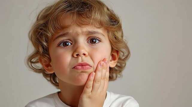 A small youngster isolated against a drab studio background places his palm to his cheek and complains of tooth discomfort.