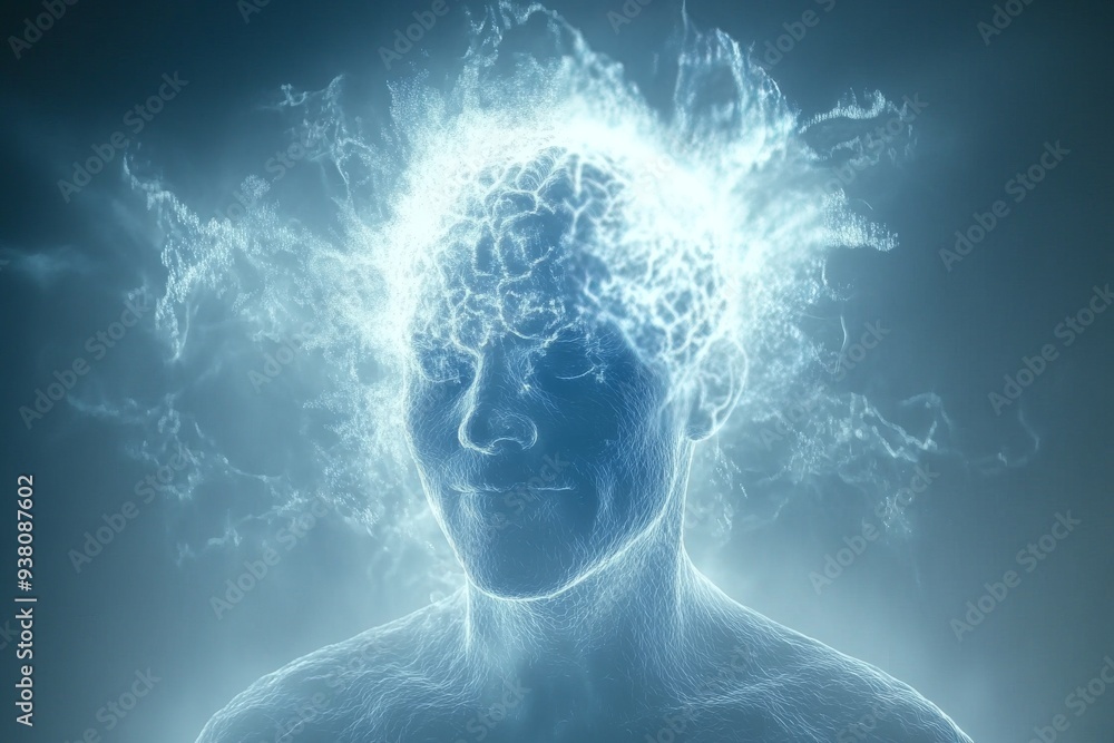 Poster human figure enveloped in glowing neural energy representing the power of thought brain activity and