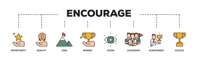 Encourage icon infographic illustration concept with icon of opportunity, quality, goal, reward, vision, leadership, achievement, success icon png and easy to edit 