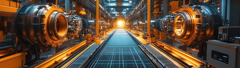 Industrial assembly line with engines being manufactured precision engineering, brightly lit factory setting