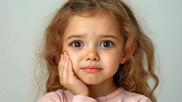 A small youngster isolated against a drab studio background places his palm to his cheek and complains of tooth discomfort.