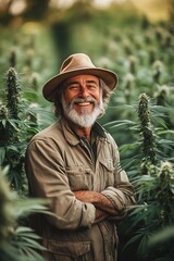 Obraz premium Laughing man in a hemp field A man with a big smile stands among tall hemp plants, basking in the joy of his harvest