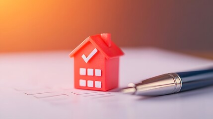Red House Model with Checkmark and Pen on White Paper