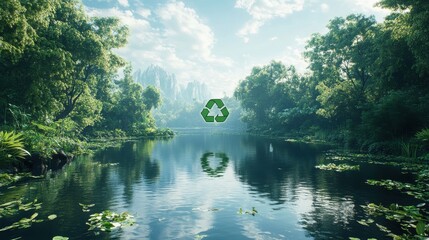 Obraz premium A beautiful 3D rendering of a serene pond in the heart of an untouched jungle, with a prominent recycling symbol at its center, symbolizing the ecological call to recycle and reuse