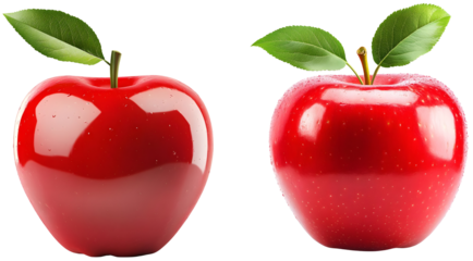 Red Apple Duo: A vibrant duo of glossy red apples with green leaves,, isolated on transparent background, perfectly illustrating the classic fruit's freshness and appeal.