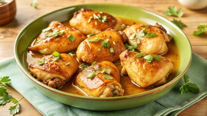 Fried Chicken Thighs in Garlic Sauce on a Table, savory and crispy, gourmet meal setting with copy space