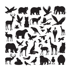 silhoutte animals of savanna, all of is mamalia, silhouettes on a white background. Perfect for designs about animals