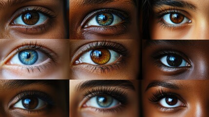 A collage of beautiful eyes from people of different ages and multiethnic backgrounds, showcasing diversity, equality, and various nationalities in a close-up view