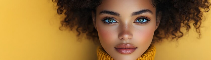 Fototapeta premium Woman in mustard sweater, curly hair, yellow background, soft lighting, calm expression, centered closeup