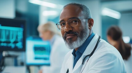 A diverse group of healthcare providers in a conference room, discussing AI-powered medical insights and data-driven decision making.