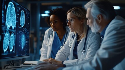 A diverse medical team in a conference room, engaging with AI-powered diagnostic tools during a strategy session, highlighting collaboration and innovation.