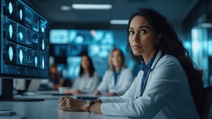 A diverse medical team in a conference room, engaging with AI-powered diagnostic tools during a strategy session, highlighting collaboration and innovation.