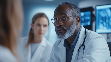 A diverse medical team in a conference room, engaging with AI-powered diagnostic tools during a strategy session, highlighting collaboration and innovation.