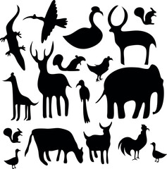 silhoutte animals of savanna, all of is mamalia, silhouettes on a white background. Perfect for designs about animals