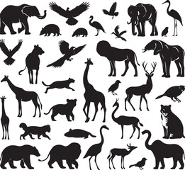 vectors silhoutte animals of savanna, all of is mamalia, silhouettes on a white background. Perfect for designs about animals