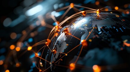 Global Network Connection with Digital World Map and Orange Nodes